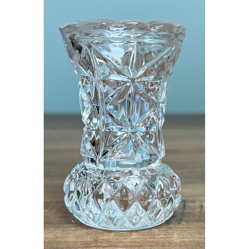 Vintage Miniature Clear Pressed Glass Toothpick Holder Bud Vase Pinwheel Pattern